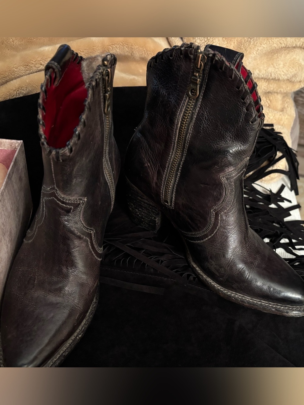 BED|STU Black Leather Western Ankle Boots with Red Lining Accent